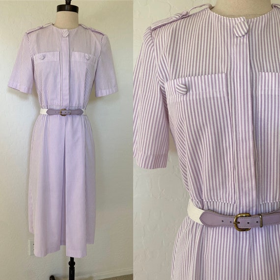 Striped Dress Vintage 1970s Lavender White Seersu… - image 1