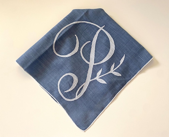 Monogrammed Hankie Vintage 1950s Slate Blue White… - image 1