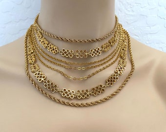 Collier MONET vintage des années 1950 multirangs chaîne en or cercles géométriques bijoux fantaisie