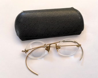 ARTCRAFT Eyeglasses Antique 1920s Oval Glass Corrective Lenses 12k Gold Filled Case