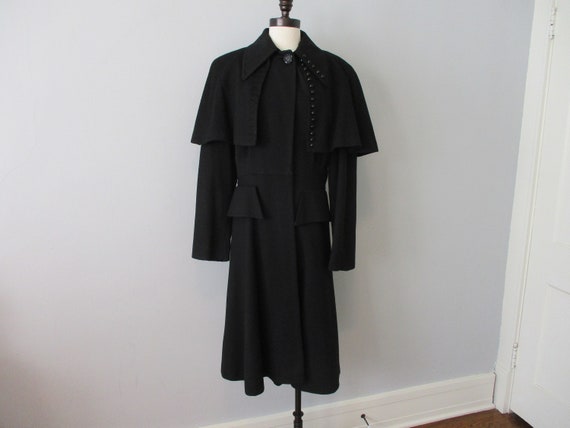 Vintage 1940s Coat Military Style Black Wool Jet G