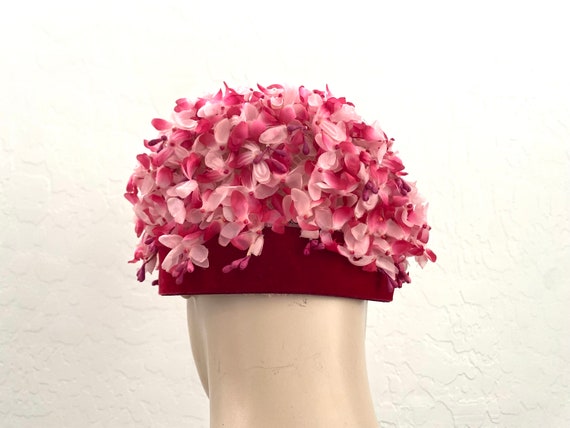 Pink Floral Hat Vintage 1960s Mod Velvet Bow - image 4
