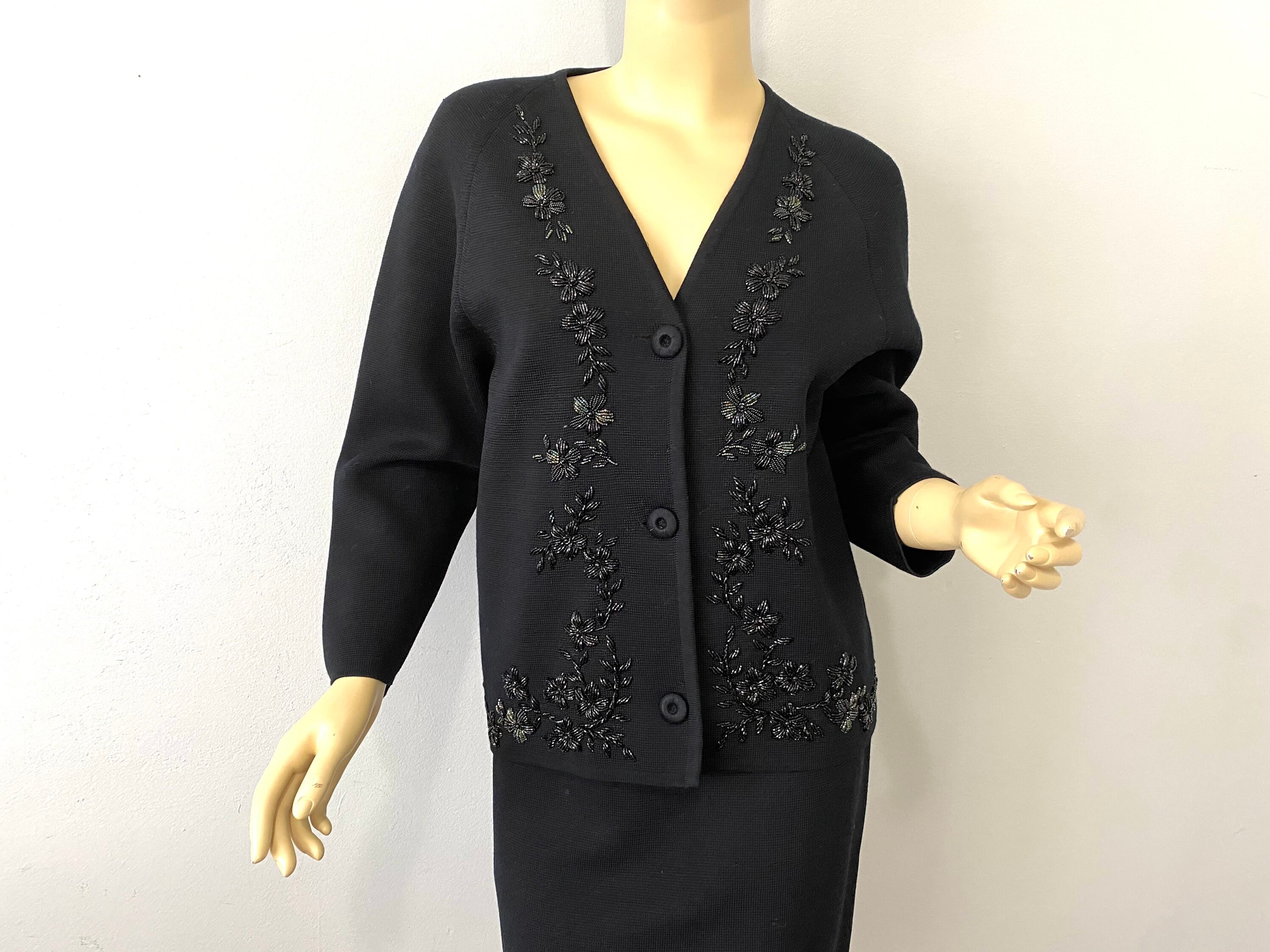 Wool Skirt Suit Vintage 1950s Black Beaded Cardigan Sweater - Etsy