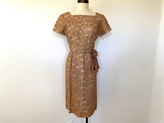 Wiggle Dress Vintage 1960s Brown Illusion Lace Co… - image 1