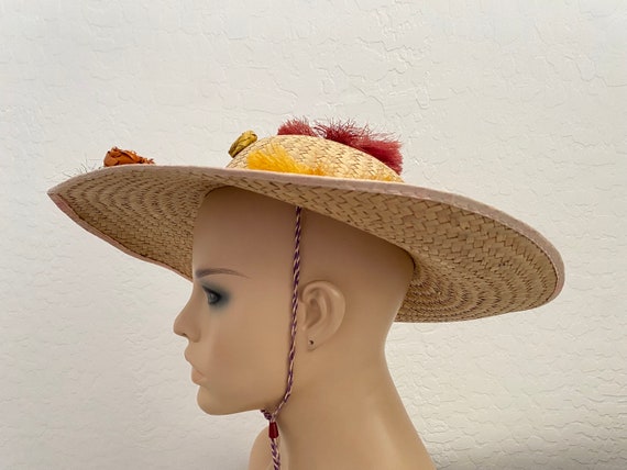 Sun Hat Vintage 1950s Beige Straw Wide Brim Raffi… - image 4