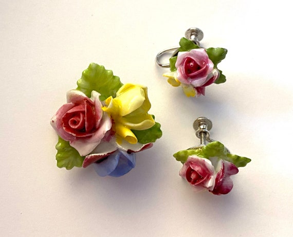 Occupied Japan Jewelry Set Vintage 1940s Rose Bon… - image 1