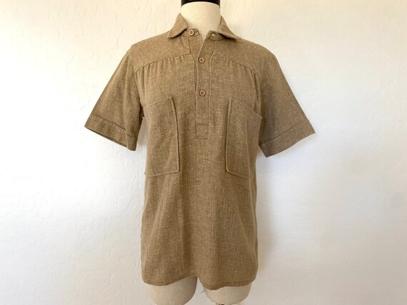 Camp Shirt Vintage 1970s Camel Brown Linen Pullov… - image 2