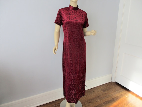 Burn Out Velvet Maxi Dress Vintage 1970s Burgundy