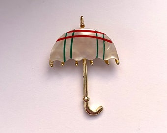 Broche de paraguas vintage de la década de 1970 chapado en oro madre de perla a cuadros joyería Pin