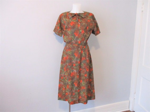 Vintage 1950s Day Dress Brown Green Orange Belt Bo