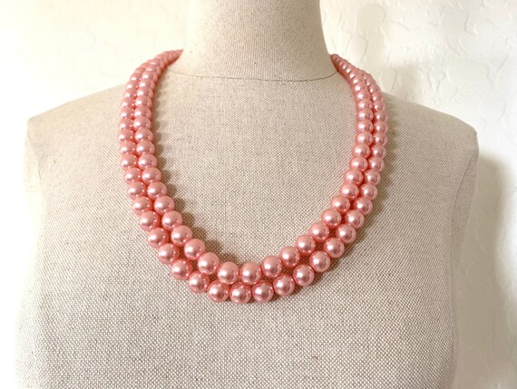 Pink Pearl Necklace Vintage 1960s Two Strand Bead… - image 1
