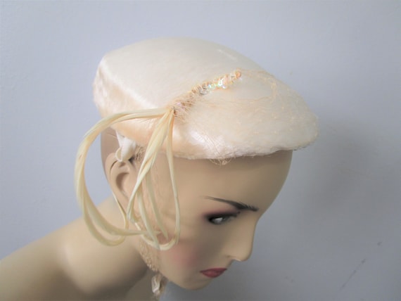 Cocktail Hat Vintage 1940s Ivory Faux Fur Feather… - image 3