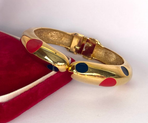 Clamper Bracelet Vintage 1980s Gold Plated Red Bl… - image 2