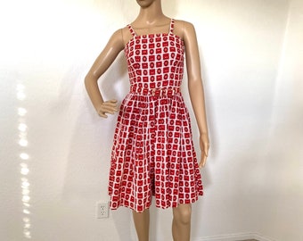 Fit and Flare Dress Vintage 1950s Red White Cotton Sleeveless Sundress