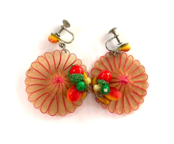 Dangle Earrings Vintage 1950s Wide Brim Hat Fruit… - image 2