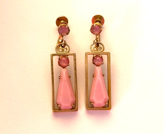 Dangle Earrings Vintage 1950s Pink Glass Screw Ba… - image 2