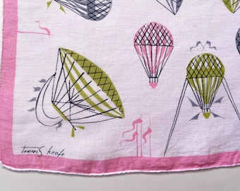 TAMMIS KEEFE Hankie Vintage 1950s Mid Century Modern Hot Air Balloons Novelty Print Handkerchief