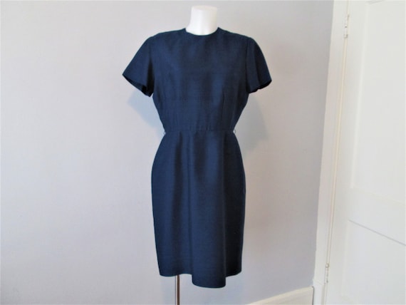 Wiggle Sheath Dress Vintage 1950s Navy Blue Silk F