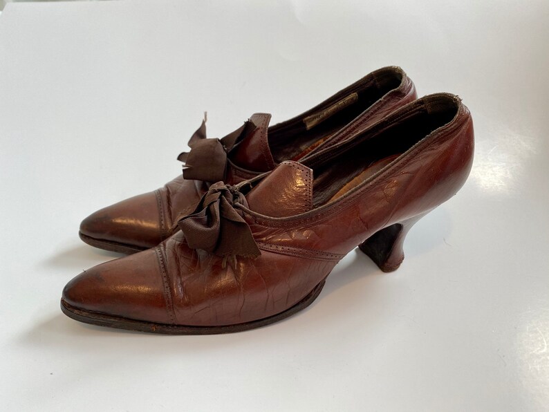 Brown Leather Pumps Vintage Antique 1920s Bow Ties Heels Shoes | Etsy