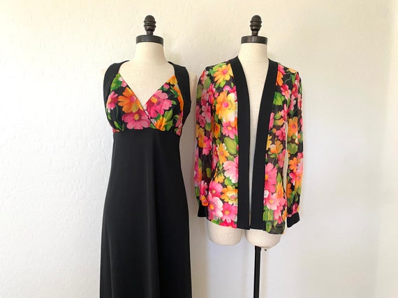 Maxi Dress Jacket Set Vintage 1970s Black Floral … - image 1