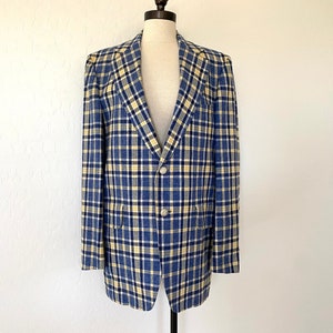 Plaid Blazer Vintage 1970s Mens Blue Two Button Sport Coat