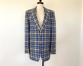 Plaid Blazer Vintage 1970s Mens Blue Two Button Sport Coat