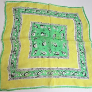 Silk Scarf Neckerchief Pocket Hankie Vintage 1950s Green Yellow Music Notes String Instruments Violin Lute image 4