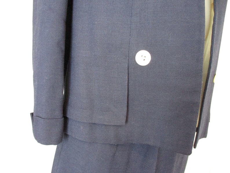 Jacket Skirt Suit Set Vintage 1960s Navy Blue White Rayon Dacron Caliday of California