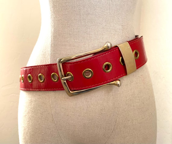 Red Grommet Belt Vintage 1990s Vinyl Gold Plated … - image 2