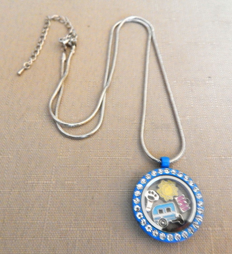 Key and Sun Camper TravelRV Theme Cyan Floating Locket Charm with 20 silver chain Luggage