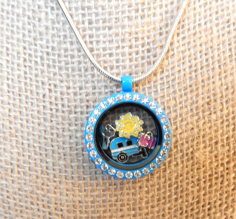 Key and Sun Camper TravelRV Theme Cyan Floating Locket Charm with 20 silver chain Luggage