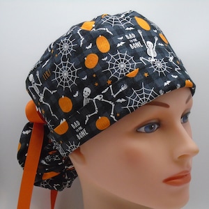 Glow in the Dark Bad to the Bone  Halloween Ponytail - Womens lined surgical cap, Nurse surgical hat 49