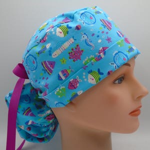 Sea Life Ponytail - Womens lined surgical scrub cap, scrub hat, nurse surgical hat 144
