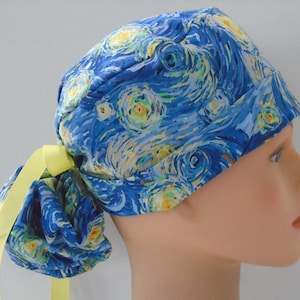 Starry Night Ponytail - Womens lined surgical scrub cap, scrub hat, nurse surgical hat 47