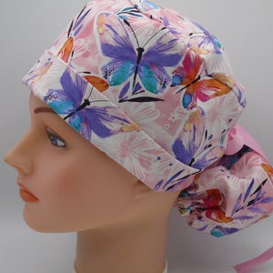 Butterflies Ponytail - Womens lined surgical scrub cap, scrub hat, nurse surgical hat 43