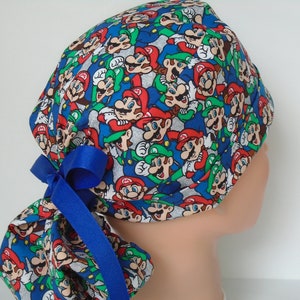 Mario Ponytail - Womens lined surgical scrub cap, scrub hat, nurse surgical hat 31