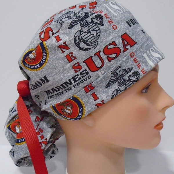 United States Marines Ponytail - Womens lined surgical lined scrub cap, scrub hat, nurse surgical hat,