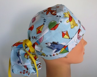 Pooh and Friends fabric Ponytail - Womens lined surgical scrub cap, scrub hat, Nurse surgical hat, 102