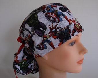 Avengers Unite Ponytail - Womens lined surgical scrub cap, scrub hat, nurse surgical hat, 13