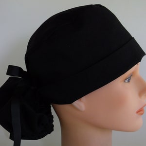 Solid Black Ponytail - Womens lined surgical scrub cap, surgical scrub hat, Nurse scrub hat