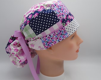 Pretty Patchwork Ponytail - Womens lined surgical scrub cap, surgical hat, Nurse cap, 157
