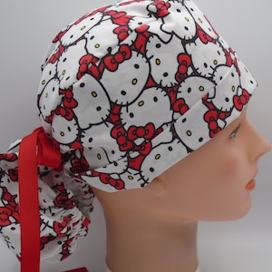 Kitty Kid Print Ponytail - Womens lined surgical scrub cap, surgical hat, Nurse cap, 122