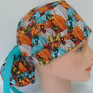 Pumpkins a Plenty Ponytail - Womens lined surgical scrub cap, Nurse surgical hat, nurse cap, f