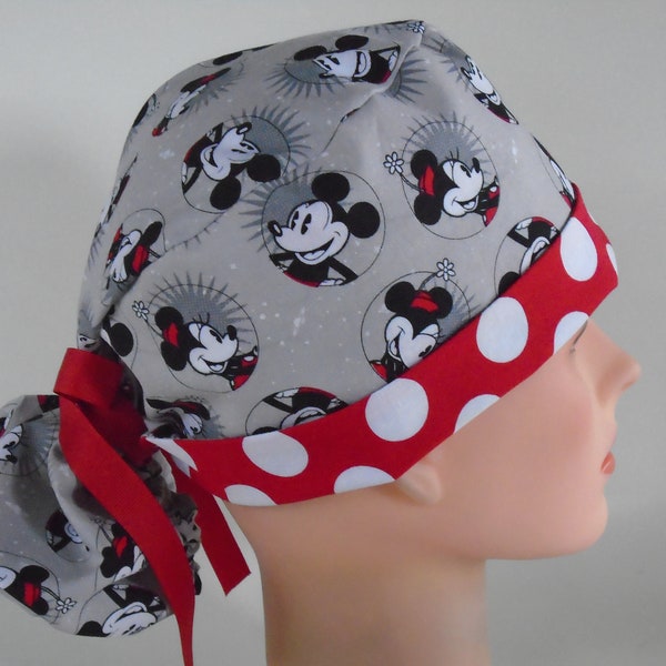 Mickey and Minnie Gray Ponytail - Womens lined surgical scrub cap, Nurse surgical scrub hat