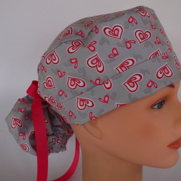 Heart and Soul Ponytail - Womens surgical scrub caps, scrub hats, Nurse caps, 86+450w
