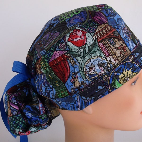 Beauty and the Beast Ponytail - Womens lined surgical scrub cap, scrub hat, nurse surgical hat