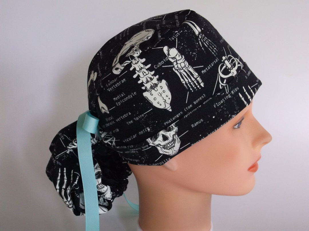 Glow in the Dark Skeletons Ponytail - Womens lined surgical cap, Nurse surgical hat