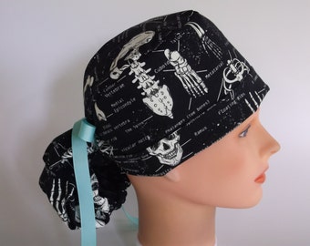 Glow in the Dark Skeletons Ponytail - Womens lined surgical cap, Nurse surgical hat