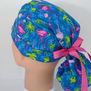 Flamingo Blue Ponytail - Womens lined surgical scrub cap, Nurse surgical hat, nurse cap, 111