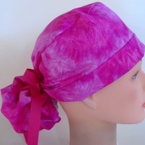 Hot Pink Blast Ponytail surgical hat - Womens lined  scrub cap, Nurse surgical scrub hat 136